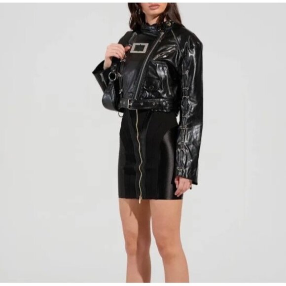 Akira Black Faux Leather Eyelet Cropped Jacket Womens L - Picture 2 of 5